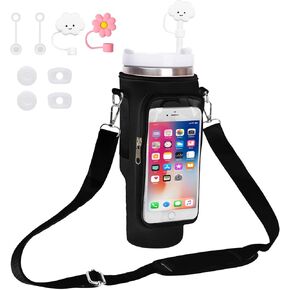 H2.0 40oz Water Bottle Backpack for Stanley with Mobile Phone Pocket, Adjustable Shoulder Strap, Including 4 Straw Cover Cap, 2 Square Spill Stoppers and 2 Round Leak Stopper (Blue Purple)
