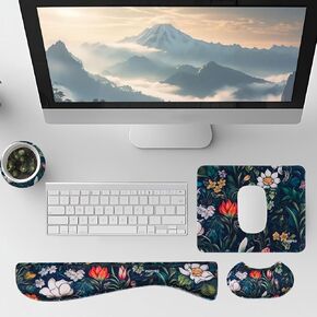 MEGREZ 4-in-1 Ergonomic Memory Foam Wrist Rest for Mouse, Non-Slip Mouse Pad and Keyboard Wrist Rest, Mousepad+Keyboard Wrist Rest+Mouse Pad Wrist Support+Cup Pad Set for Home, Office, Green Fields