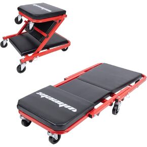 Mechanic Creeper 36 Inches 2-in-1 Z Seat 340 lbs Capacity, Foldable Garage Chair Adjustable Rolling Folding with 6 pcs Wheels Roller, Lay Down or Sit, Under Car, Auto Repair Shop Red Black
