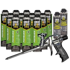 Great Stuff Pro Pestblock Polyurethane Foam Sealant 20oz. Expands up to 3. Expanding Foam. Insulating Foam Sealant. Applicator Gun, Cleaner, Gloves Included