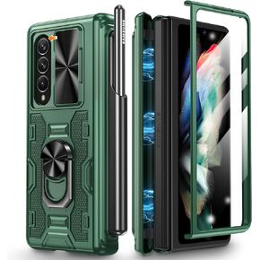 Caka for Z Fold 3 Case, Galaxy Z Fold 3 Case with S Pen Holder, Samsung Fold 3 Case with Stand & Camera Cover Built-in 360°Rotate Ring Stand Protective Case for Samsung Galaxy Z Fold 3 - Green