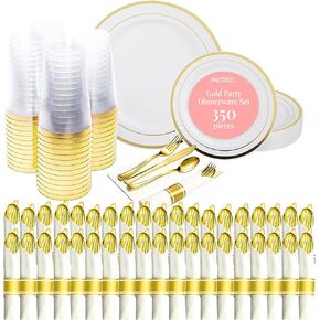 Prestee 600-piece Disposable Party Dinnerware Set for 100 Guests - Gold Dinnerware Sets Disposable with Plates, Cups, Knives, Forks, Spoons - Elegant Reusable Wedding Reception and Events Supplies