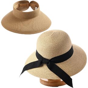 Furtalk Womens Beach Sun Straw Hat Uv UPF50 + Roll Up Ponytail Summer Beach Hat