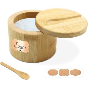 2 Pcs Bamboo Salt Containers for Countertop, Salt and Pepper Bowls with Magnetic Swivel Lid & Spoon, Salt Shakers for Kitchen, Spices Storage Jars, Sugar Holder (2 Pack)