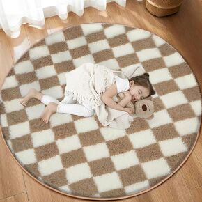 Super Soft Rug, Round Rug for Bedroom, 4X4 Ft Green and White Checkered Round Rug Non-Slip High Pile Cute Soft Fluffy Rug for Living Room Bedroom Kids Room
