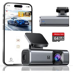 4K Dash Cam Front, Built-in 5G WiFi, 64GB Card Included, Dash Camera for Cars, Mini Dashcam with Super Night Vision, Loop Recording, G-Sensor, 24 Hours Parking Monitor, Support 256GB Max