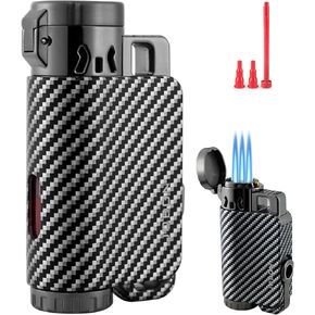 DOUBFIVSY Torch Lighter with Gift Box, Windproof Cigar Lighter Triple Jet Flame Torch Lighter with Cigar Cutter, Refillable Butane Gas Cigar Lighters for Men, Butane Not Included (Gold)