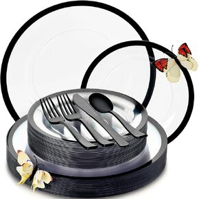 By Madee HEAVYWEIGHT 150 Pcs Clear and Red Plates Disposable for Party - Red Party Plates and Utensil Set - Fancy Disposable Dinnerware Set with Gift of 3D Butterflies for Table Decor (25 Guests)