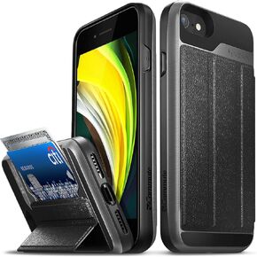 VENA vCommute Wallet Case Compatible with Apple iPhone SE3 2022 / SE 2020, iPhone 8 7 (4.7"-inch), Flip Leather Cover Card Slot Holder with Kickstand - Space Gray