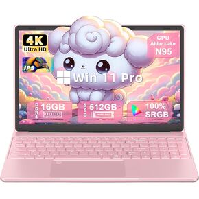 15.6 "الكمبيوتر المحمول 4K ، كمبيوتر محمول مع Alder Lake N95 (حتى 3.4 جيجا هرتز) ، 15.6 بوصة UHD 3840 * 2160 عرض 16 جيجا بايت ذاكرة الوصول العشوائي 512GB NVME SSD WIN 11 Pro ، 5800mah بطارية ، WiFi 5 ، Backlit KB ، مستشعر البصمة (Silver) (Silver)