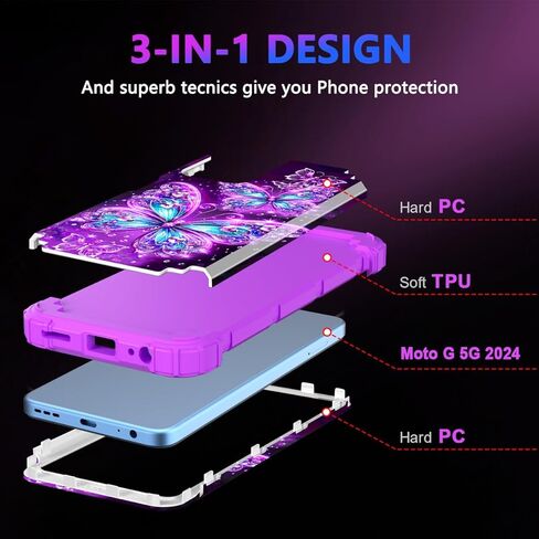 Casetego متوافق مع حالة Moto G 5G 2024 ، توهج في الطبقة المظلمة الثلاثة للخدمة الثقيلة المكوّنة الصدمات الكاملة حماية قاسية وعاء لليئة TPU ، كلها أرجوانية in Kuwait