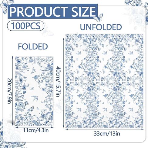 100PCS Blue Floral Napkins Disposable Hand Towels for Bathroom 3 Ply Blue and White Paper Napkins Decorative Flower Guest Napkins Chinoiserie Napkins for Wedding Bridal Shower Birthday Cocktail Party in Kuwait