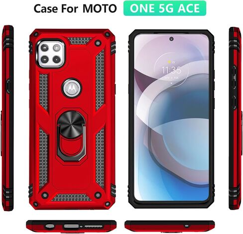 Yiakeng for Motorola One 5g Ace Case: Moto One 5g Ace Case with Screen Protector - Military Grade Protective Cases with Finger Ring Holder Kickstand for Motorola One 5g UW Ace Case(Red) in Kuwait
