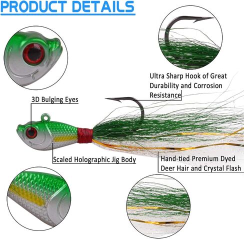 Bucktail Jigs Saltwater Fishing Lures Bucktail Fishing Jigs Surf Fishing Lure Swimbait Jig Heads Hook for Bass Walleye Flounder Striper 1/4oz 1/2oz 1oz 1.5oz 2oz in Saudi Arabia