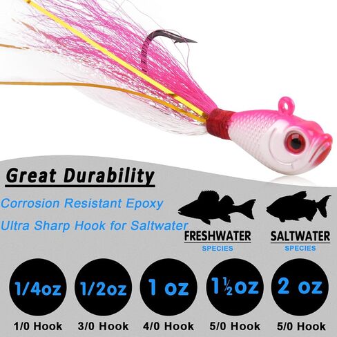 Bucktail Jigs Saltwater Fishing Lures Bucktail Fishing Jigs Surf Fishing Lure Swimbait Jig Heads Hook for Bass Walleye Flounder Striper 1/4oz 1/2oz 1oz 1.5oz 2oz in Saudi Arabia