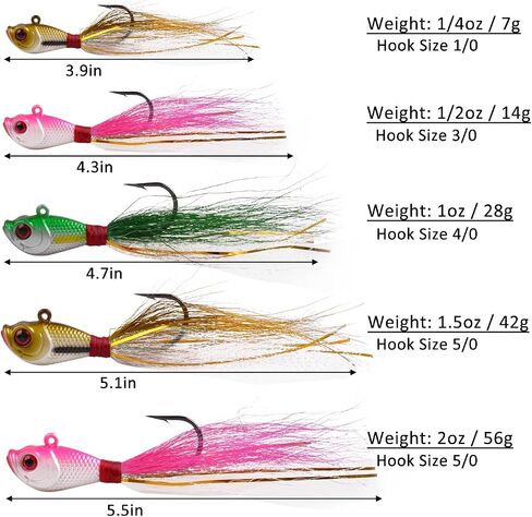 Bucktail Jigs Saltwater Fishing Lures Bucktail Fishing Jigs Surf Fishing Lure Swimbait Jig Heads Hook for Bass Walleye Flounder Striper 1/4oz 1/2oz 1oz 1.5oz 2oz in Saudi Arabia