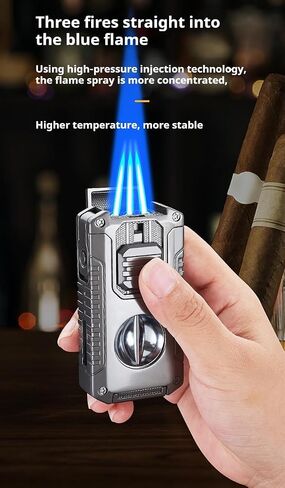 Cigar Torch Lighter 5-in-1 Windproof 3 Jet Flame with V Cutter、Cigar Punch、Cigar Needle and Cigar Stand(Excluding Butane Gas) (Black) in Saudi Arabia