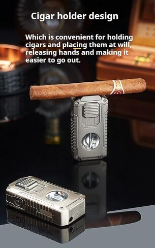 Cigar Torch Lighter 5-in-1 Windproof 3 Jet Flame with V Cutter、Cigar Punch、Cigar Needle and Cigar Stand(Excluding Butane Gas) (Black) in Saudi Arabia