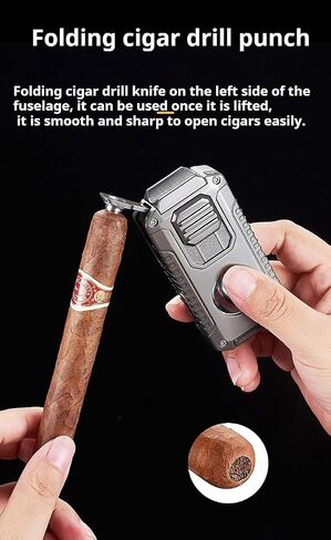 Cigar Torch Lighter 5-in-1 Windproof 3 Jet Flame with V Cutter、Cigar Punch、Cigar Needle and Cigar Stand(Excluding Butane Gas) (Black) in Saudi Arabia