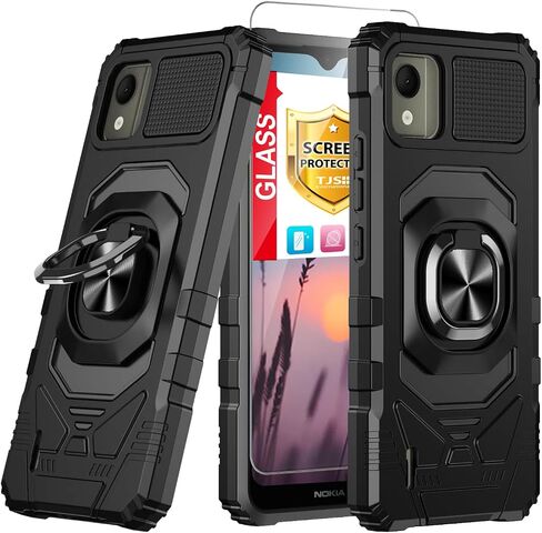 TJS Compatible for Nokia C110 N156DL Case, with Tempered Glass Screen Protector, Metal Ring Magnetic Support Kickstand Heavy Duty Drop Protection Cover Phone Case (Green) in Saudi Arabia
