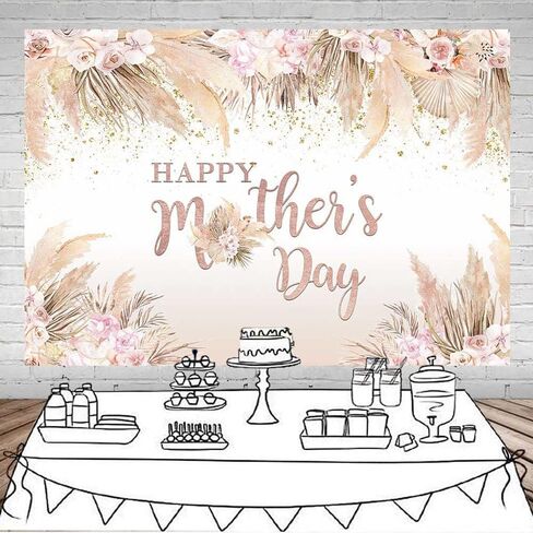 Mocsicka Vinyl Happy Mother's Day Backdrop, Pink Flowers, 7x5ft, Bohemian Pampas Grass, Women in Saudi Arabia