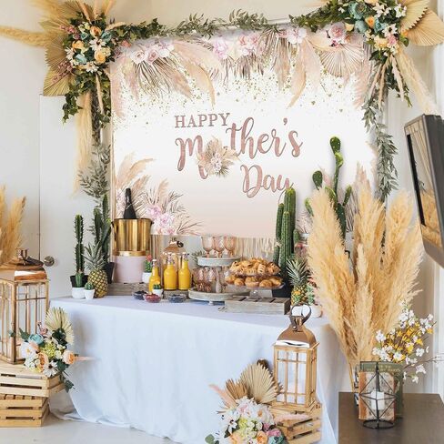 Mocsicka Vinyl Happy Mother's Day Backdrop, Pink Flowers, 7x5ft, Bohemian Pampas Grass, Women in Saudi Arabia