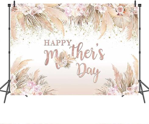 Mocsicka Vinyl Happy Mother's Day Backdrop, Pink Flowers, 7x5ft, Bohemian Pampas Grass, Women in Saudi Arabia