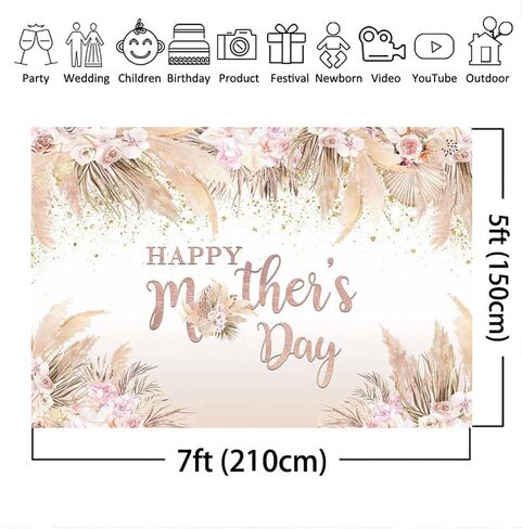 Mocsicka Vinyl Happy Mother's Day Backdrop, Pink Flowers, 7x5ft, Bohemian Pampas Grass, Women in Saudi Arabia