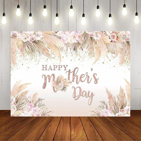 Mocsicka Vinyl Happy Mother's Day Backdrop, Pink Flowers, 7x5ft, Bohemian Pampas Grass, Women in Saudi Arabia