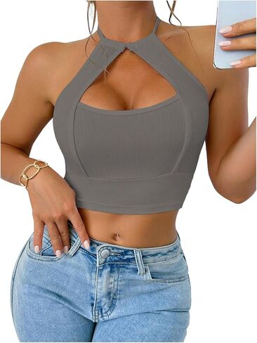 OYOANGLE Women's Halter Neck Crop Tops Cut Out Sleeveless Open Back Fitted Party Tops in Saudi Arabia
