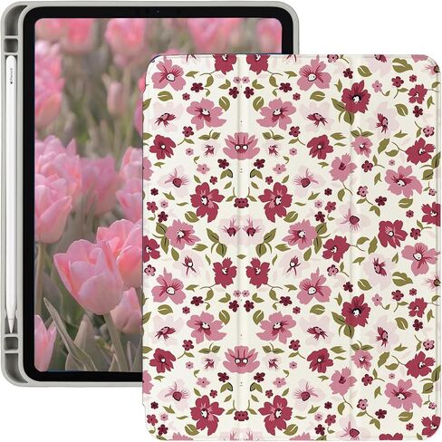 Compatible for 2022 iPad 10th Generation 10.9 inch Cute Flower Painting Pattern Case, with Pencil Holder, Floral Pattern Soft TPU Trifold Stand Protective -Pink Flower 6 in Saudi Arabia