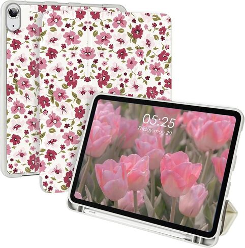 Compatible for 2022 iPad 10th Generation 10.9 inch Cute Flower Painting Pattern Case, with Pencil Holder, Floral Pattern Soft TPU Trifold Stand Protective -Pink Flower 6 in Saudi Arabia