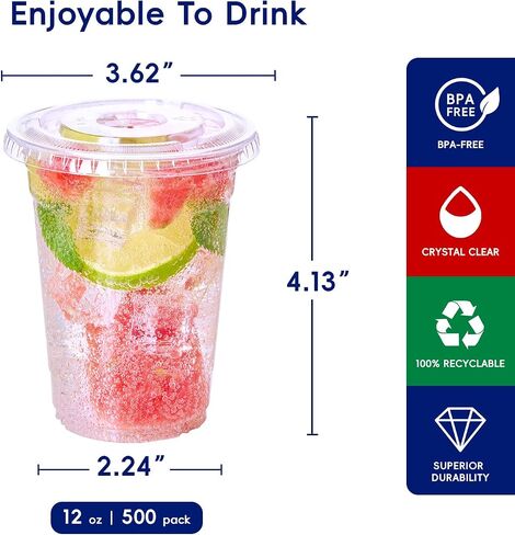JOLLY CHEF 16 oz Plastic Cups with Lids, 500 Packs Crystal PET Clear Cups, Disposable Ice Coffee Cups with Lids For Coffee Milkshake Daily Use, Party and Wedding in Kuwait