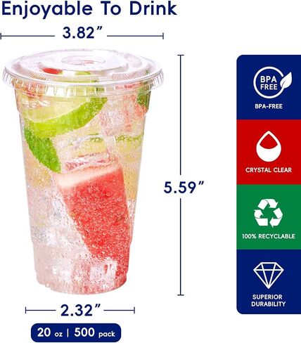 JOLLY CHEF 16 oz Plastic Cups with Lids, 500 Packs Crystal PET Clear Cups, Disposable Ice Coffee Cups with Lids For Coffee Milkshake Daily Use, Party and Wedding in Kuwait