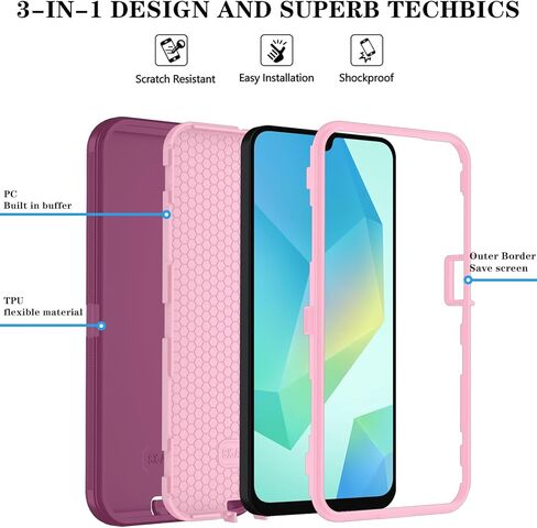 Qinmay Phone Case for Samsung Galaxy A26 Case with HD Screen Protector, Heavy Duty Shockproof & Dropproof 3-Layer Cover Phone Case for Galaxy A26,WineRedPink in Kuwait