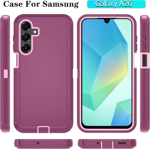 Qinmay Phone Case for Samsung Galaxy A26 Case with HD Screen Protector, Heavy Duty Shockproof & Dropproof 3-Layer Cover Phone Case for Galaxy A26,WineRedPink in Kuwait