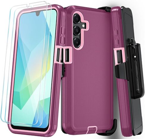 Qinmay Phone Case for Samsung Galaxy A26 Case with HD Screen Protector, Heavy Duty Shockproof & Dropproof 3-Layer Cover Phone Case for Galaxy A26,WineRedPink in Kuwait