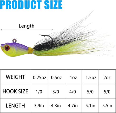 Bucktail Jigs Lure Saltwater Flounder Bass,5pcs Bucktail Jig Hair Bucktail Teaser Hooks Swimbait Jig Heads Bait for Walleye Striper Bluefish 0.25oz/0.5oz/1oz/1.5oz/2oz in Saudi Arabia
