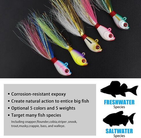 Bucktail Jigs Lure Saltwater Flounder Bass,5pcs Bucktail Jig Hair Bucktail Teaser Hooks Swimbait Jig Heads Bait for Walleye Striper Bluefish 0.25oz/0.5oz/1oz/1.5oz/2oz in Saudi Arabia