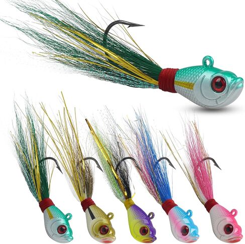 Bucktail Jigs Lure Saltwater Flounder Bass,5pcs Bucktail Jig Hair Bucktail Teaser Hooks Swimbait Jig Heads Bait for Walleye Striper Bluefish 0.25oz/0.5oz/1oz/1.5oz/2oz in Saudi Arabia
