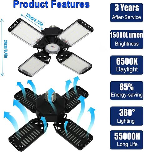 LED Garage Light, 80W 8000 Lumen LED Garage Ceiling Lights with 3 Adjustable Panels E26/E27 LED Shop Lights, 6500K Daylight Light Bulb Fixture LED Lights for Garage, Workshop, Attic, LED Bay Light in Kuwait