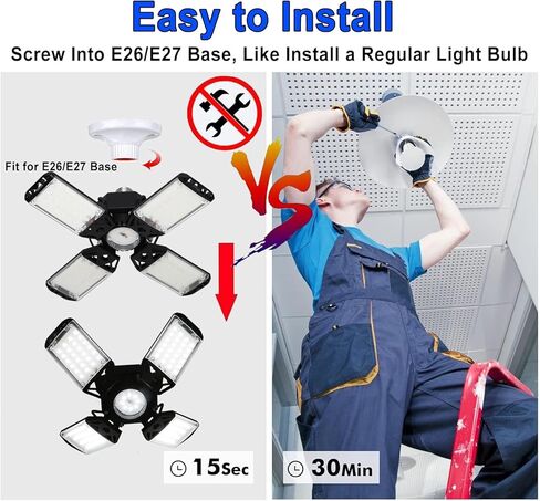 LED Garage Light, 80W 8000 Lumen LED Garage Ceiling Lights with 3 Adjustable Panels E26/E27 LED Shop Lights, 6500K Daylight Light Bulb Fixture LED Lights for Garage, Workshop, Attic, LED Bay Light in Kuwait