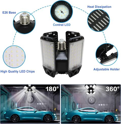 LED Garage Light, 80W 8000 Lumen LED Garage Ceiling Lights with 3 Adjustable Panels E26/E27 LED Shop Lights, 6500K Daylight Light Bulb Fixture LED Lights for Garage, Workshop, Attic, LED Bay Light in Kuwait