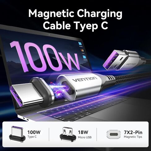 VENTION 100W Magnetic Charging Cable Type C, 90° USB C Charging Cable 3.3ft/Magnetic Phone Charger Cable for Android/Data Transfer Cable for Type C, Micro USB, Nylon-Braided Cords in Saudi Arabia