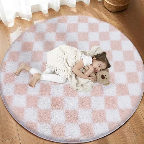 Super Soft Rug, Round Rug for Bedroom, 4X4 Ft Green and White Checkered Round Rug Non-Slip High Pile Cute Soft Fluffy Rug for Living Room Bedroom Kids Room in Saudi Arabia
