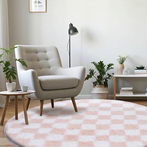 Super Soft Rug, Round Rug for Bedroom, 4X4 Ft Green and White Checkered Round Rug Non-Slip High Pile Cute Soft Fluffy Rug for Living Room Bedroom Kids Room in Saudi Arabia