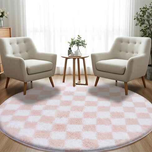 Super Soft Rug, Round Rug for Bedroom, 4X4 Ft Green and White Checkered Round Rug Non-Slip High Pile Cute Soft Fluffy Rug for Living Room Bedroom Kids Room in Saudi Arabia