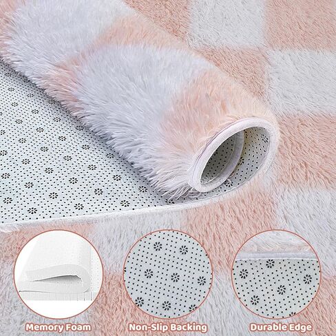 Super Soft Rug, Round Rug for Bedroom, 4X4 Ft Green and White Checkered Round Rug Non-Slip High Pile Cute Soft Fluffy Rug for Living Room Bedroom Kids Room in Saudi Arabia