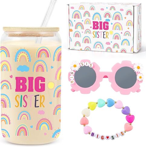 Big Sister Gifts for Girls, 3PCS Big Sister Gift Includes 12 oz Pink Sister Cup Sunglasses Bracelet Sibling Gift From New Baby, Big Sister Announcement Gifts for Girls Age 2-8 in Kuwait