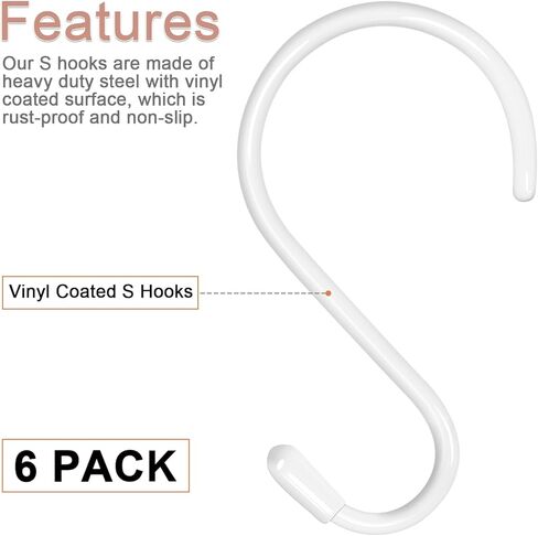 6 حزمة 5 بوصات S لعلان السنانير الثقيلة ، خزانة كبيرة في الفينيل المغلفة S - السنانير المعدنية غير المعدنية لتعليق أواني المطبخ وعاء أكواب الملابس جينز مناشف القبعات أكياس (أسود) in Kuwait